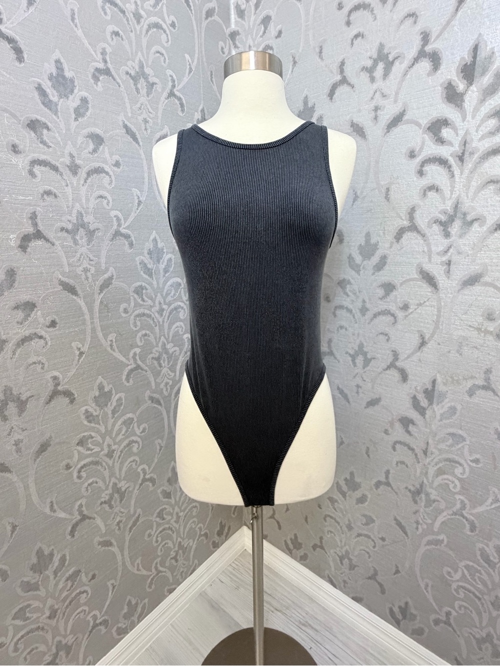Classic Ribbed High-Cut Bodysuit - Charcoal